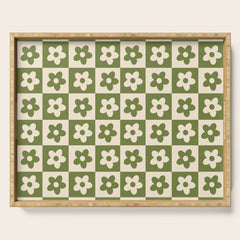 90s flowers checkers cream and green Serving Tray