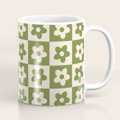 90s flowers checkers cream and green Coffee Mug