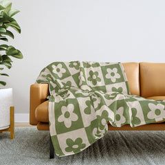 90s flowers checkers cream and green Throw Blanket