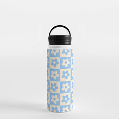 90s flowers checkers cream and blue Water Bottle
