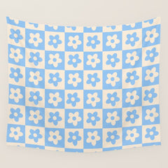 90s flowers checkers cream and blue Wall Tapestry