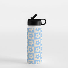 90s flowers checkers cream and blue Water Bottle