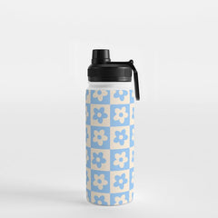 90s flowers checkers cream and blue Water Bottle