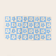 90s flowers checkers cream and blue Bath Towel