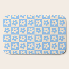 90s flowers checkers cream and blue Bath Mat
