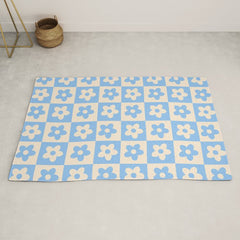 90s flowers checkers cream and blue Rug