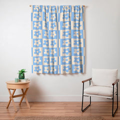 90s flowers checkers cream and blue Window Curtain