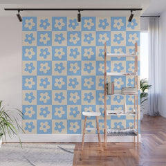 90s flowers checkers cream and blue Wall Mural