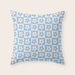 90s flowers checkers cream and blue Throw Pillow