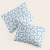 90s flowers checkers cream and blue Pillow Sham