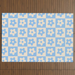 90s flowers checkers cream and blue Outdoor Rug