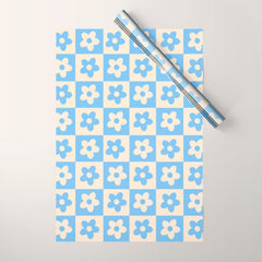 90s flowers checkers cream and blue Wrapping Paper