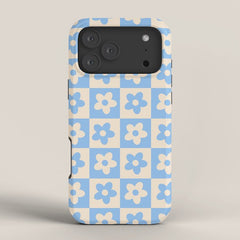 90s flowers checkers cream and blue iPhone Case