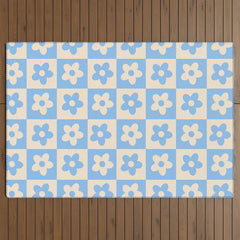 90s flowers checkers cream and blue Outdoor Rug