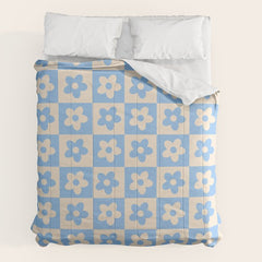 90s flowers checkers cream and blue Comforter