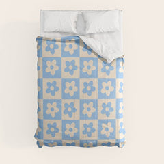 90s flowers checkers cream and blue Comforter
