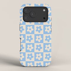 90s flowers checkers cream and blue iPhone Case