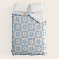 90s flowers checkers cream and blue Comforter