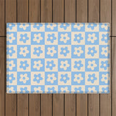 90s flowers checkers cream and blue Outdoor Rug