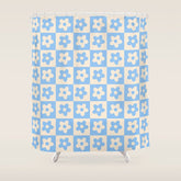 90s flowers checkers cream and blue Shower Curtain