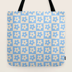 90s flowers checkers cream and blue Tote Bag