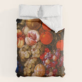 A festoon of fruit hanging from a blue ribbon 1670 still life portrait painting by Cornelis de Heem Duvet Cover