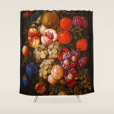 A festoon of fruit hanging from a blue ribbon 1670 still life portrait painting by Cornelis de Heem Shower Curtain
