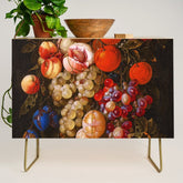 A festoon of fruit hanging from a blue ribbon 1670 still life portrait painting by Cornelis de Heem Credenza