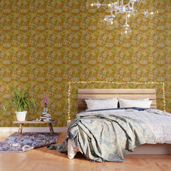 1960s, 1970s Retro Floral in Green, Pink & Orange - Flower Power Wallpaper