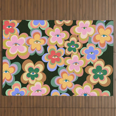 70s Evil Eye Flower Pattern in dark green Outdoor Rug
