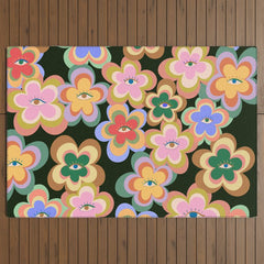 70s Evil Eye Flower Pattern in dark green Outdoor Rug