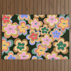 70s Evil Eye Flower Pattern in dark green Outdoor Rug