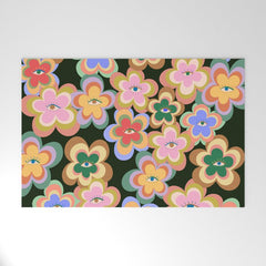 70s Evil Eye Flower Pattern in dark green Welcome Mat