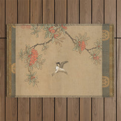 16th Century Japanese Bird and Peony Edo Era Painting Outdoor Rug