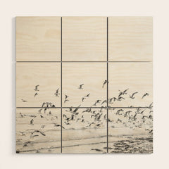 "Seagulls" | Coastal black and white photo | Film photography | Beach - square Wood Wall Art