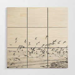 "Seagulls" | Coastal black and white photo | Film photography | Beach - square Wood Wall Art