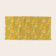 70s groovy retro floral pattern orange brown green handdrawn by surfy birdy Bath Towel