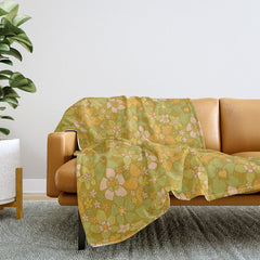 70s groovy retro floral pattern orange brown green handdrawn by surfy birdy Throw Blanket