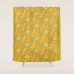 70s groovy retro floral pattern orange brown green handdrawn by surfy birdy Shower Curtain