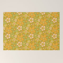 70s groovy retro floral pattern orange brown green handdrawn by surfy birdy Welcome Mat
