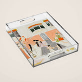 A lady at her toilette listens to music by the side of a palace water casca Indian Miniature Painting Acrylic Tray