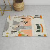 A lady at her toilette listens to music by the side of a palace water casca Indian Miniature Painting Rug