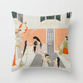 A lady at her toilette listens to music by the side of a palace water casca Indian Miniature Painting Throw Pillow