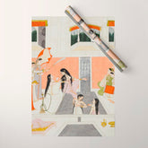 A lady at her toilette listens to music by the side of a palace water casca Indian Miniature Painting Wrapping Paper