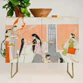 A lady at her toilette listens to music by the side of a palace water casca Indian Miniature Painting Credenza