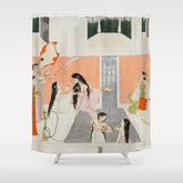 A lady at her toilette listens to music by the side of a palace water casca Indian Miniature Painting Shower Curtain