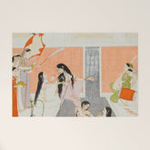 A lady at her toilette listens to music by the side of a palace water casca Indian Miniature Painting Welcome Mat