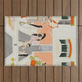 A lady at her toilette listens to music by the side of a palace water casca Indian Miniature Painting Outdoor Rug