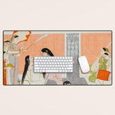 A lady at her toilette listens to music by the side of a palace water casca Indian Miniature Painting Desk Mat
