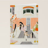 A lady at her toilette listens to music by the side of a palace water casca Indian Miniature Painting Stationery Card